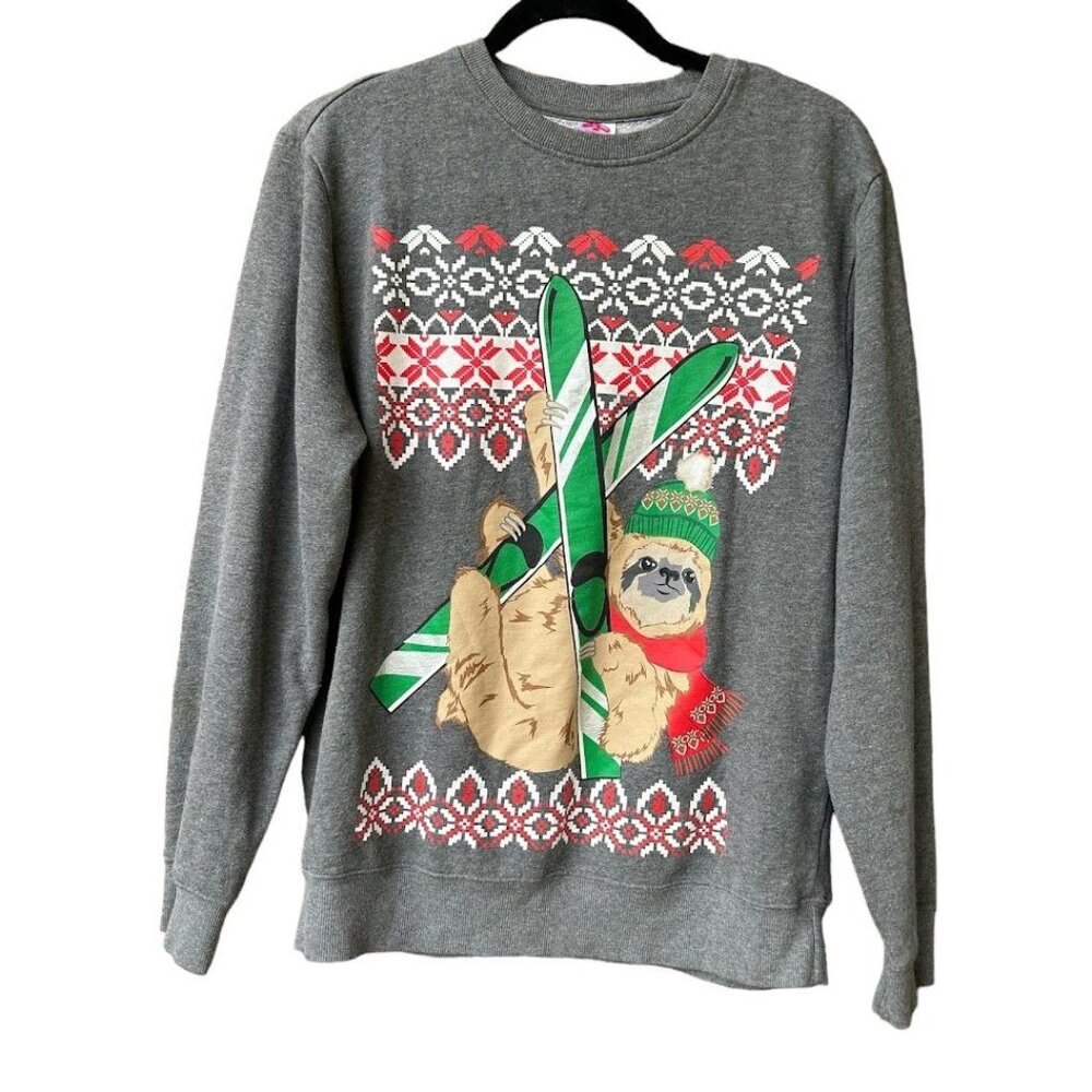 Holiday Time Sloth Ski Gray Christmas Ugly Sweater Sweatshirt Men's M‎